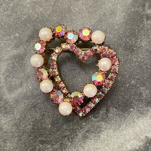 Vintage Pink Heart Crystal Pearl Brooch